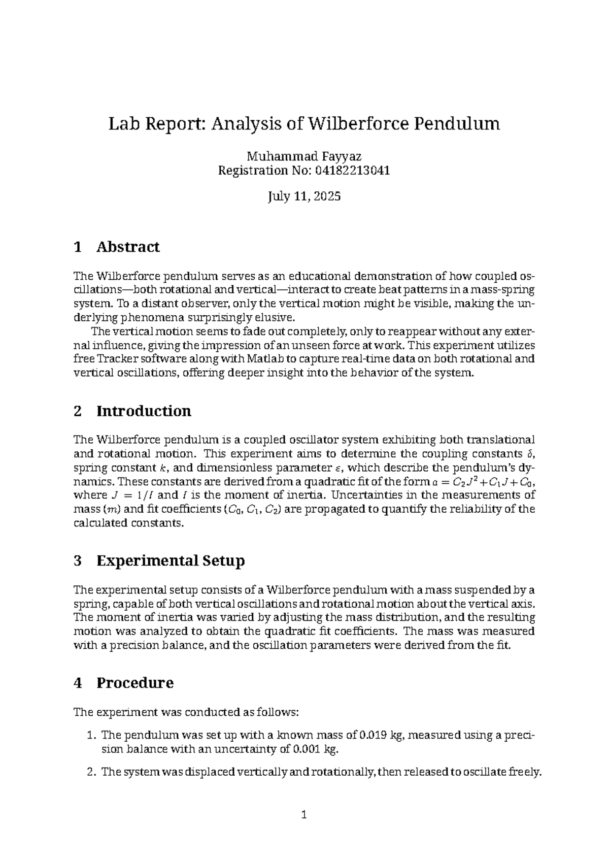 Lab Report: Wilberforce Pendulum Analysis (PHYS 101) - Studocu