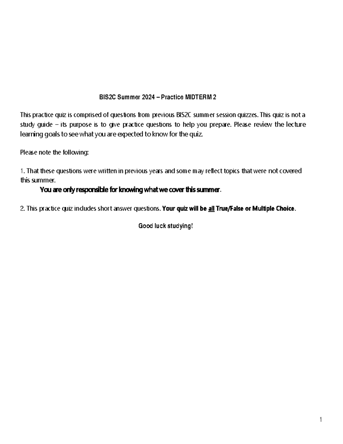 BIS2C Summer 2024 Practice MIDTERM 2 Review Questions and Answers - Studocu