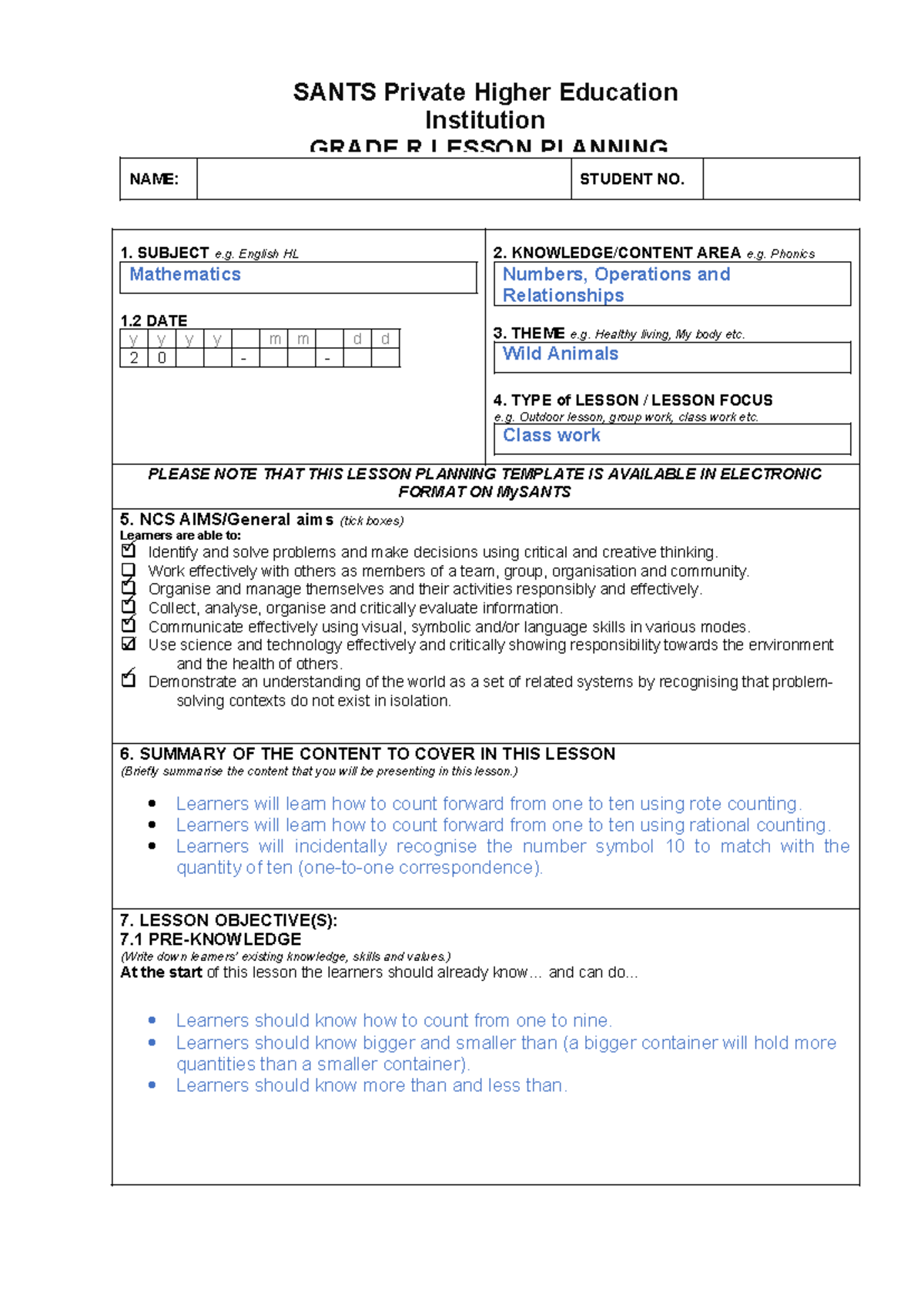 SANTS GRADE R LESSON PLAN: Counting to 10 with Wild Animals - Studocu
