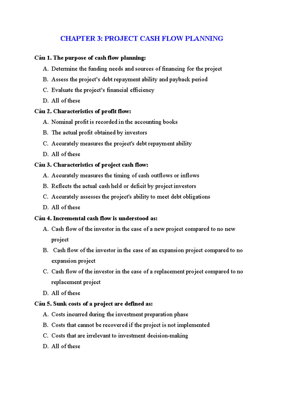 Chapter 3: Project CASH FLOW Planning Insights & Key Concepts - Studocu
