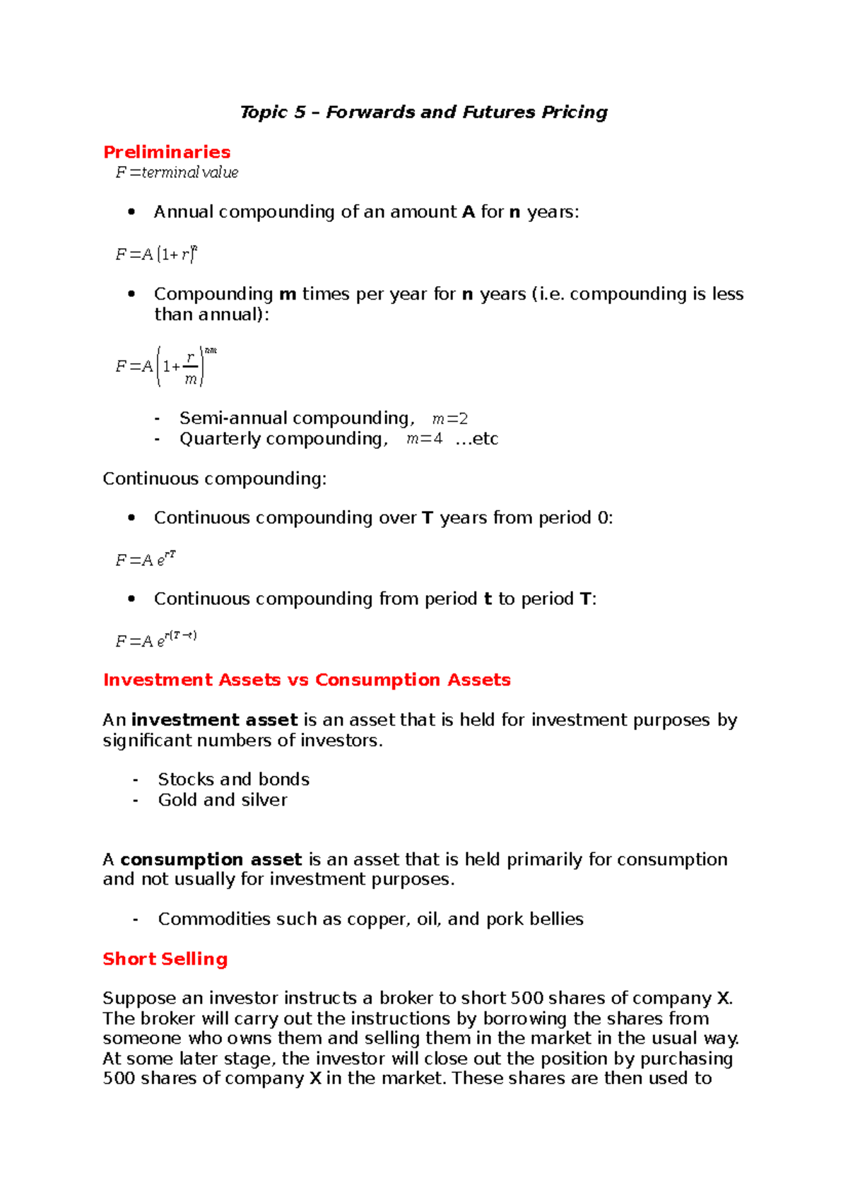 Topic 5 - Notes on the pricing of Forwards and Futures - Topic 5 ...