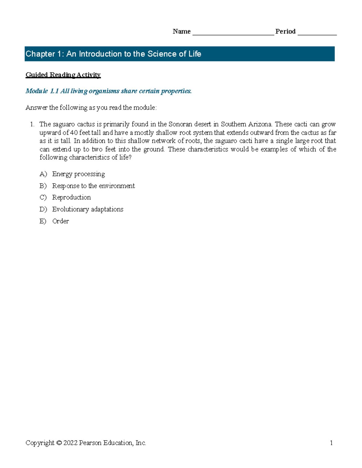 Ch. 1 Guided Active Reading Questions for Biology Concepts - Studocu