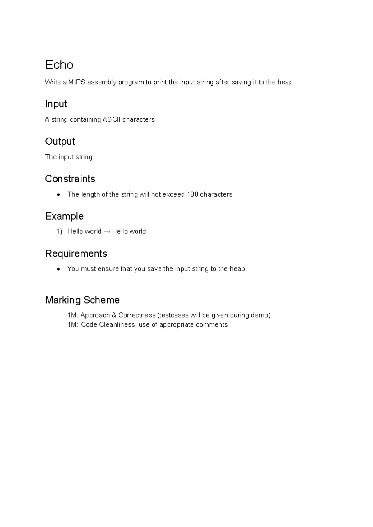 Assignment 1 - cdw - Echo Write a MIPS assembly program to print the ...
