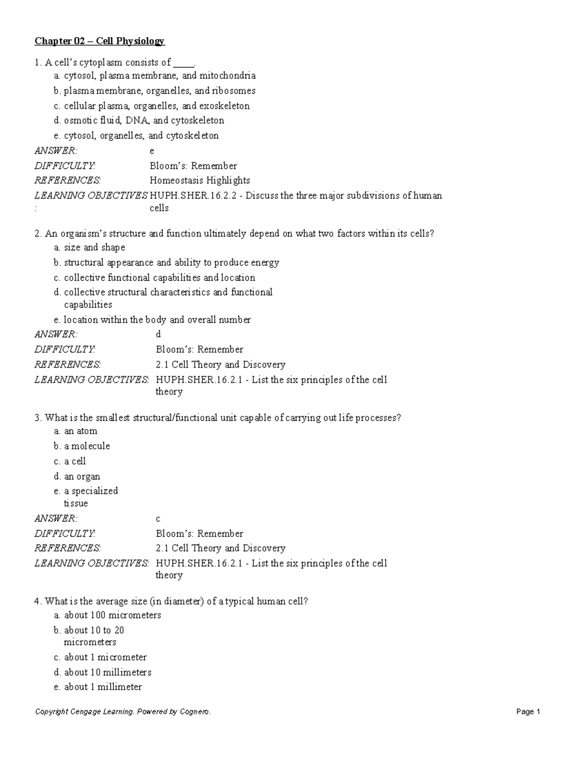 Chapter 02 Cell Physiology: Key Concepts and Quiz Answers - Studocu