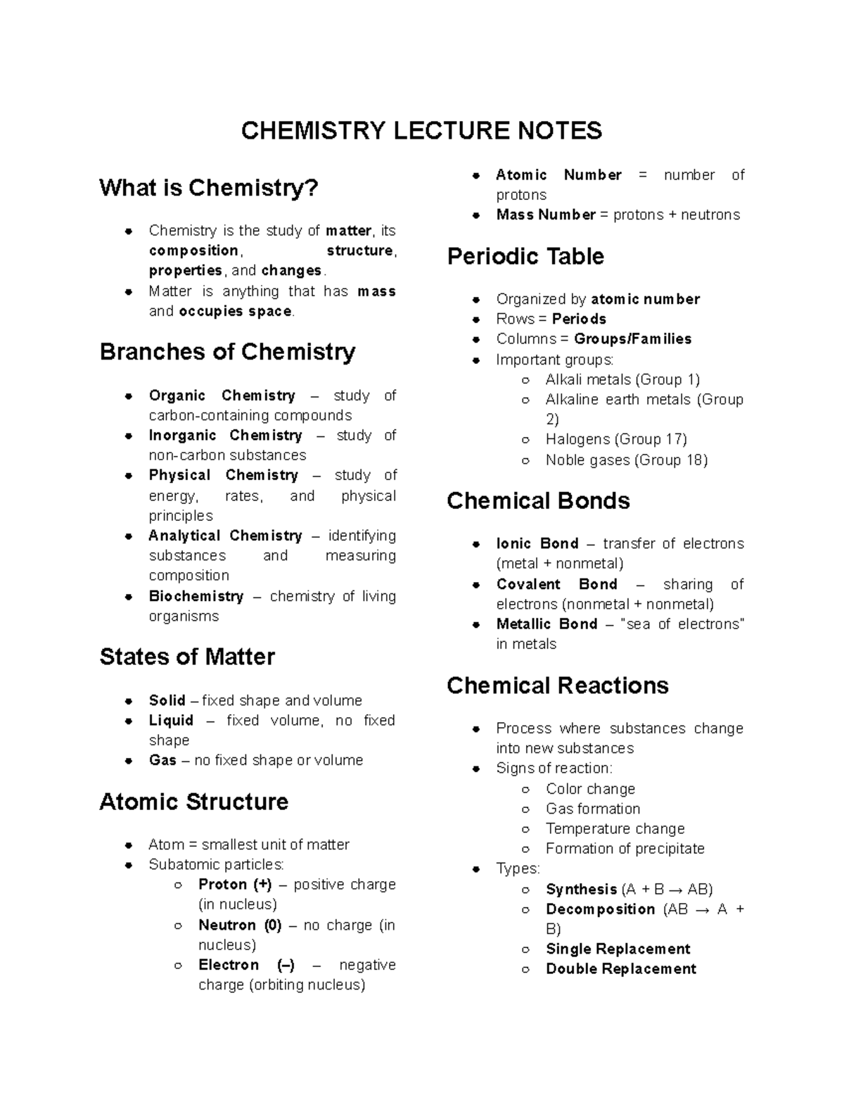 CHEM 101 LECTURE NOTES: Introduction to Chemistry Concepts - Studocu