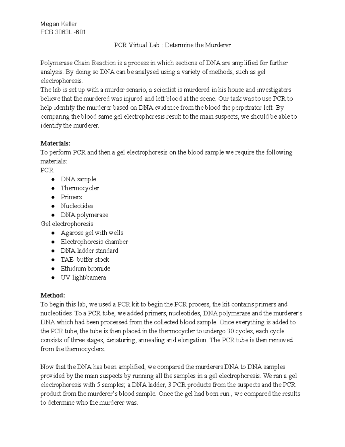 PCR lab report: murder case - Megan Keller PCB 3063L - PCR Virtual Lab ...