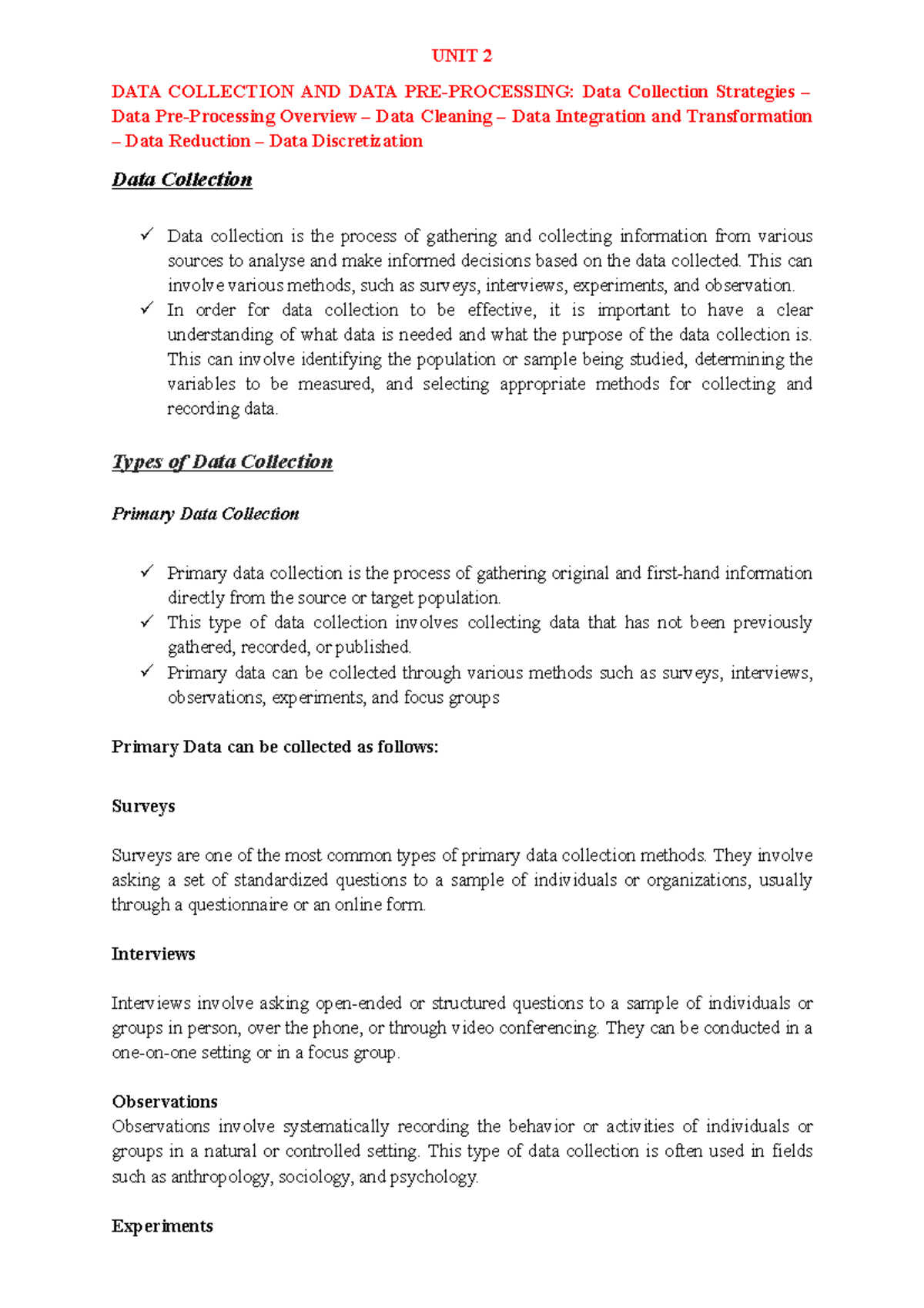 UNIT 2 FDS - Data Collection Strategies and Techniques - Studocu