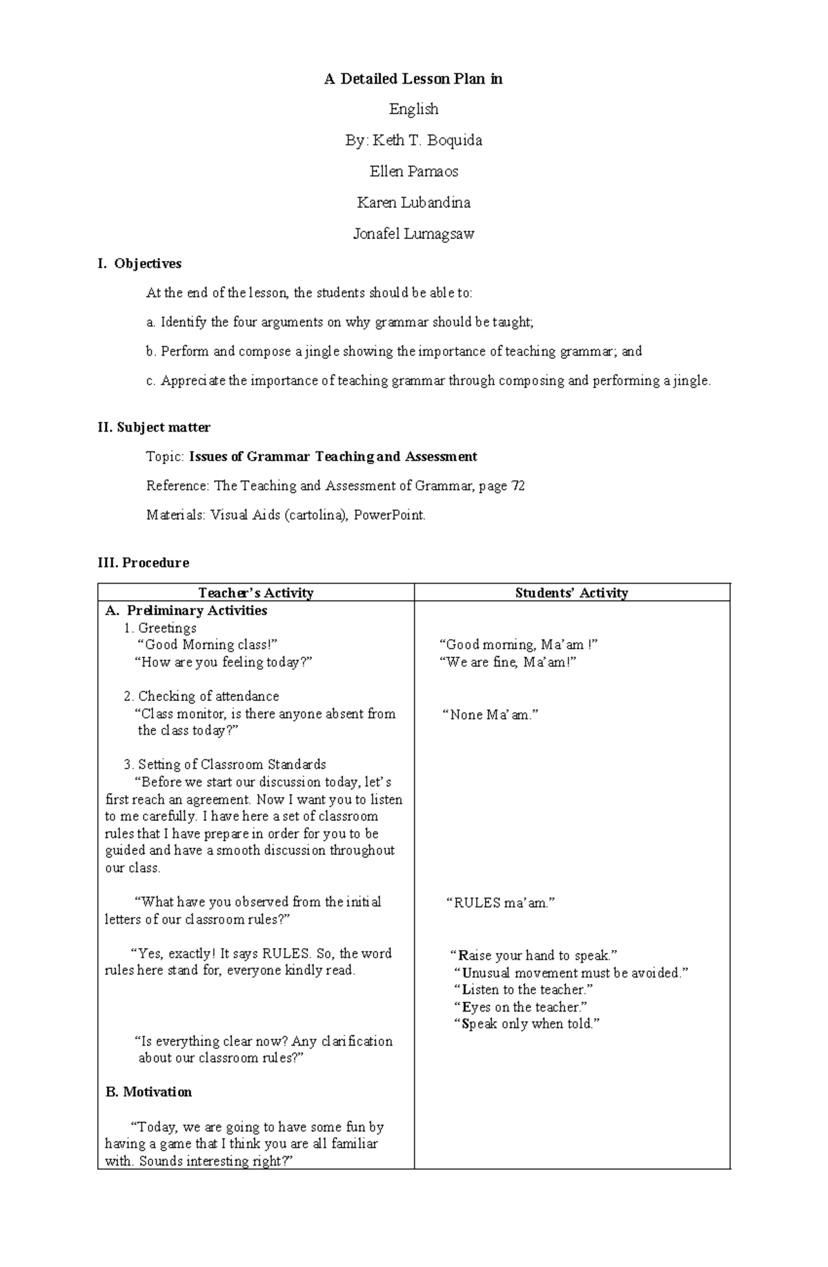 Lesson Plan: Inductive & Deductive Teaching in English 10 - Studocu