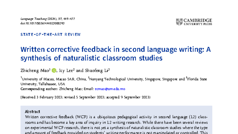 Language Teaching (2024): Written Corrective Feedback in L2 Writing - A ...