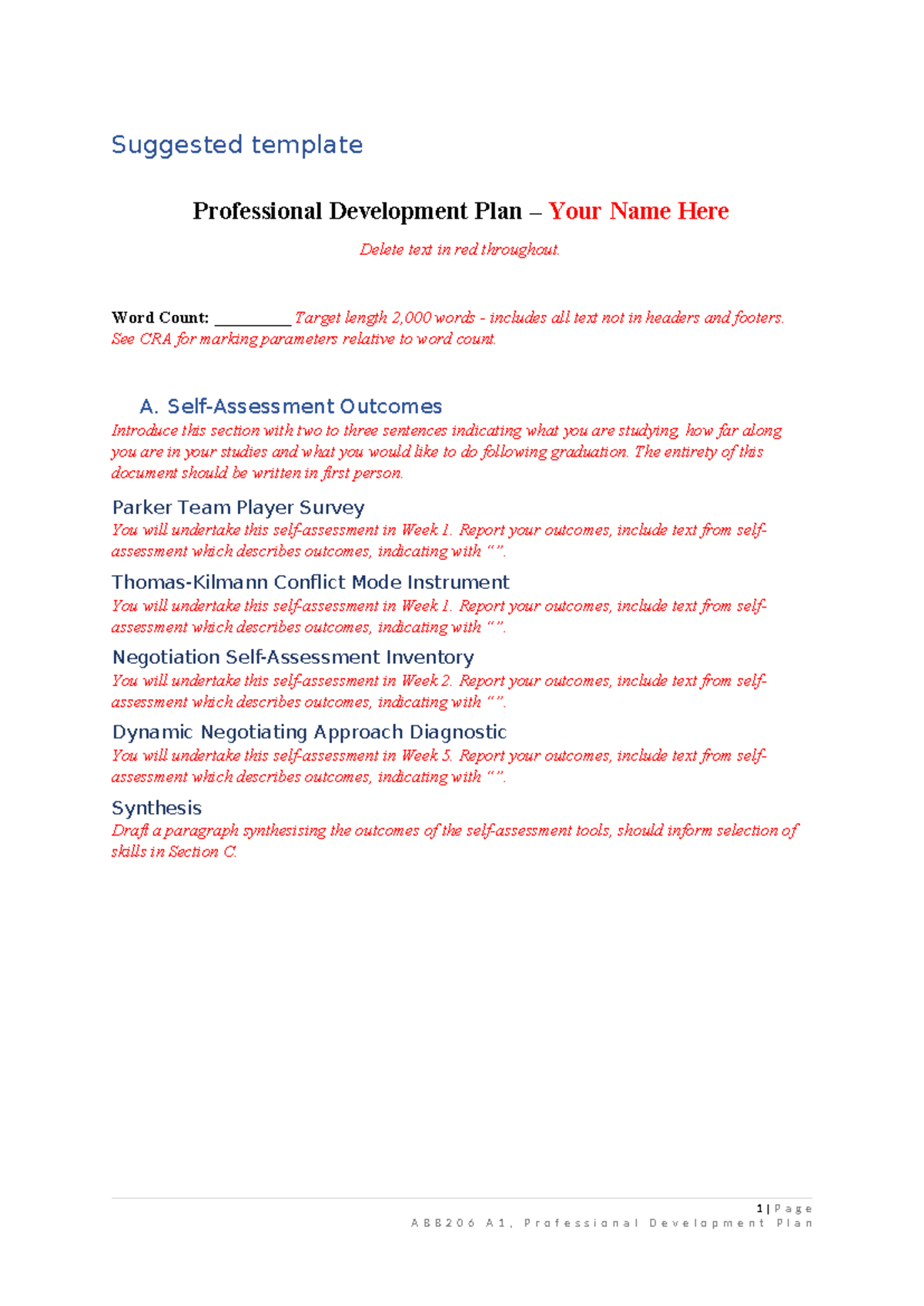 A1 Template for Professional Development Plan (ABB206) - Studocu