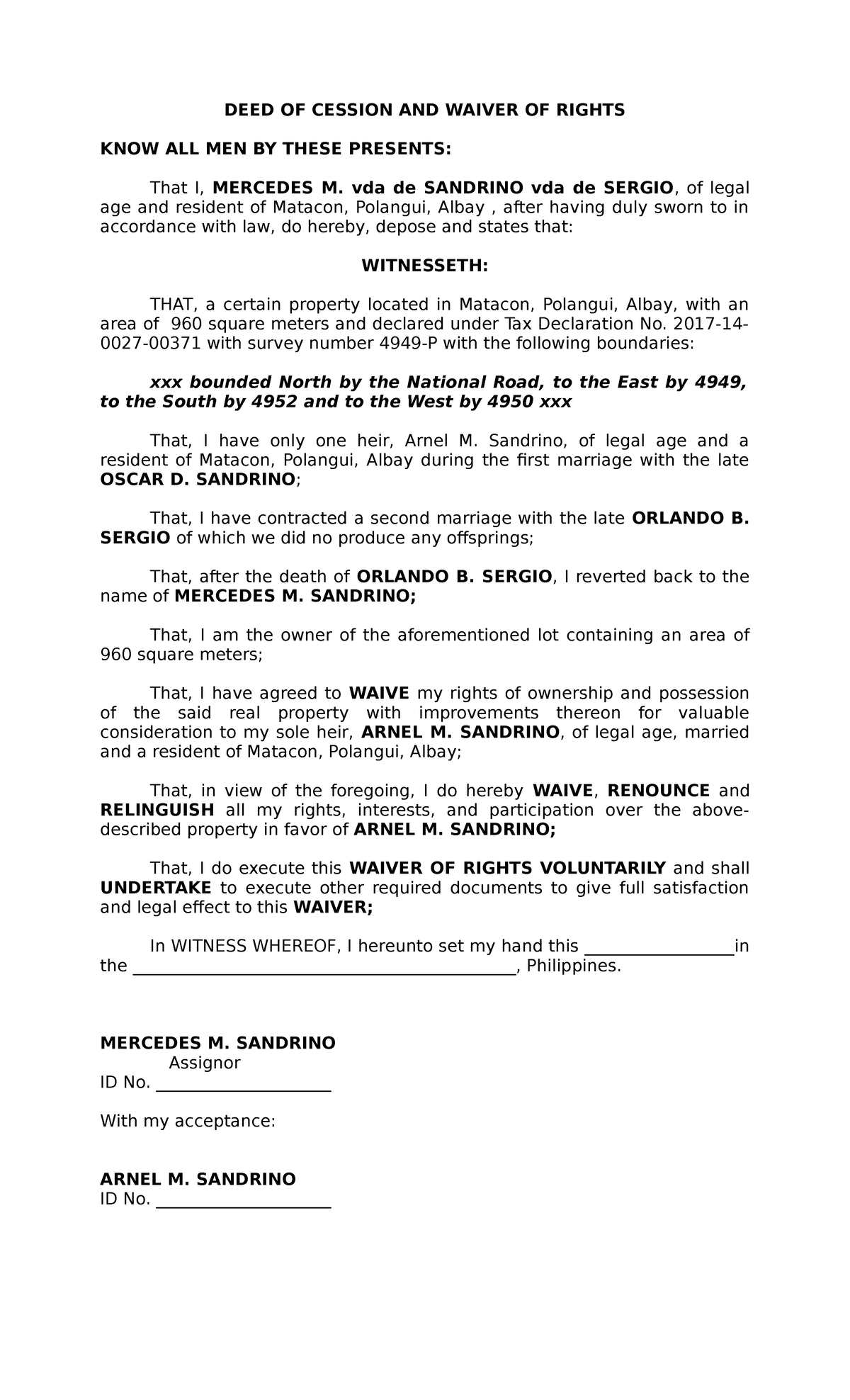 DEED OF CESSION AND WAIVER OF RIGHTS - MERCEDES M. SANDRINO - Studocu