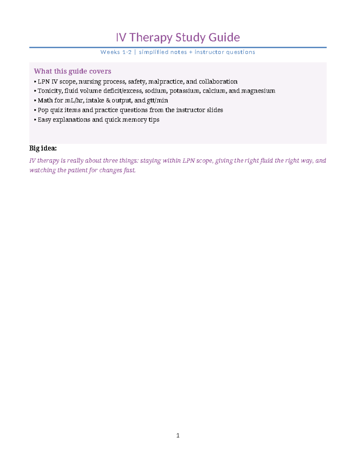 IV Therapy Study Guide: Weeks 1 & 2 for LPNs - Studocu
