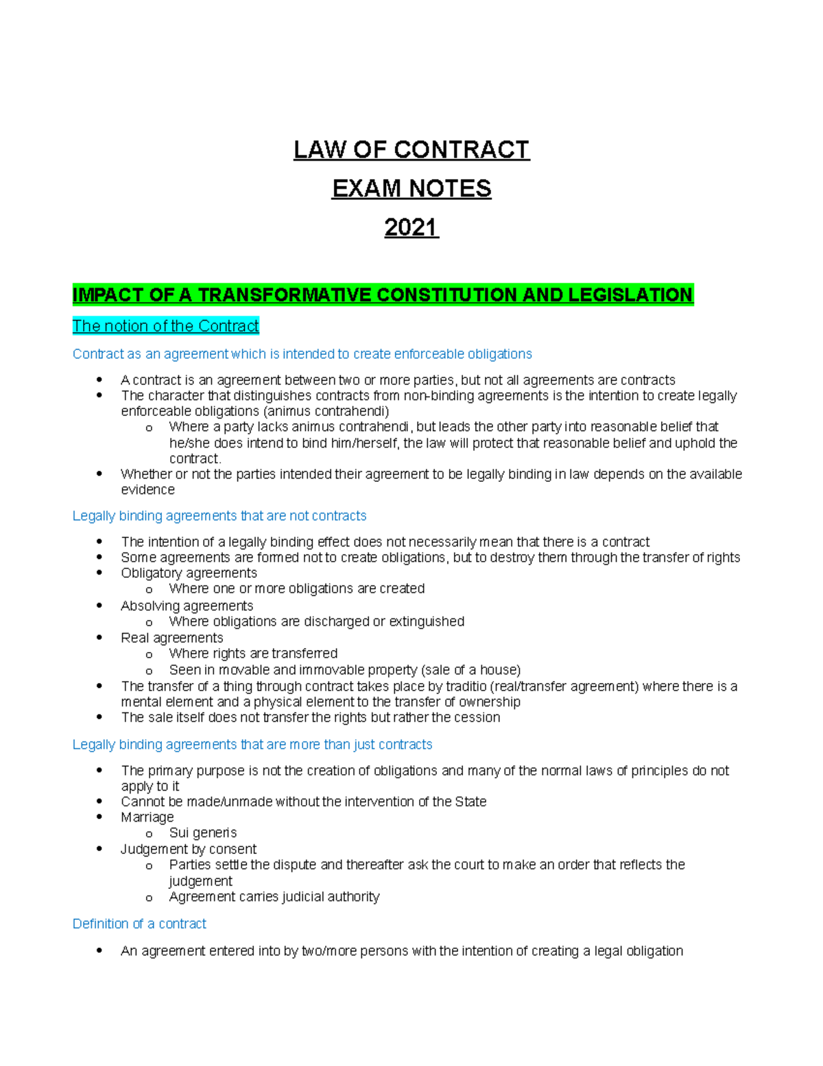 Law of contract exam notes and lecture summaries. - CNT 311 - Studocu