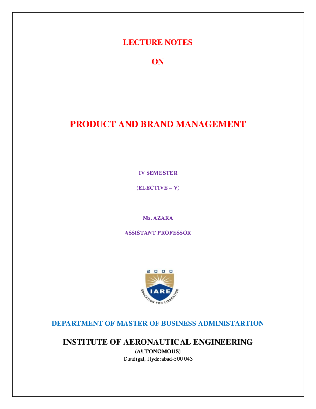 Product AND Brand Management - LECTURE NOTES ON PRODUCT AND BRAND ...