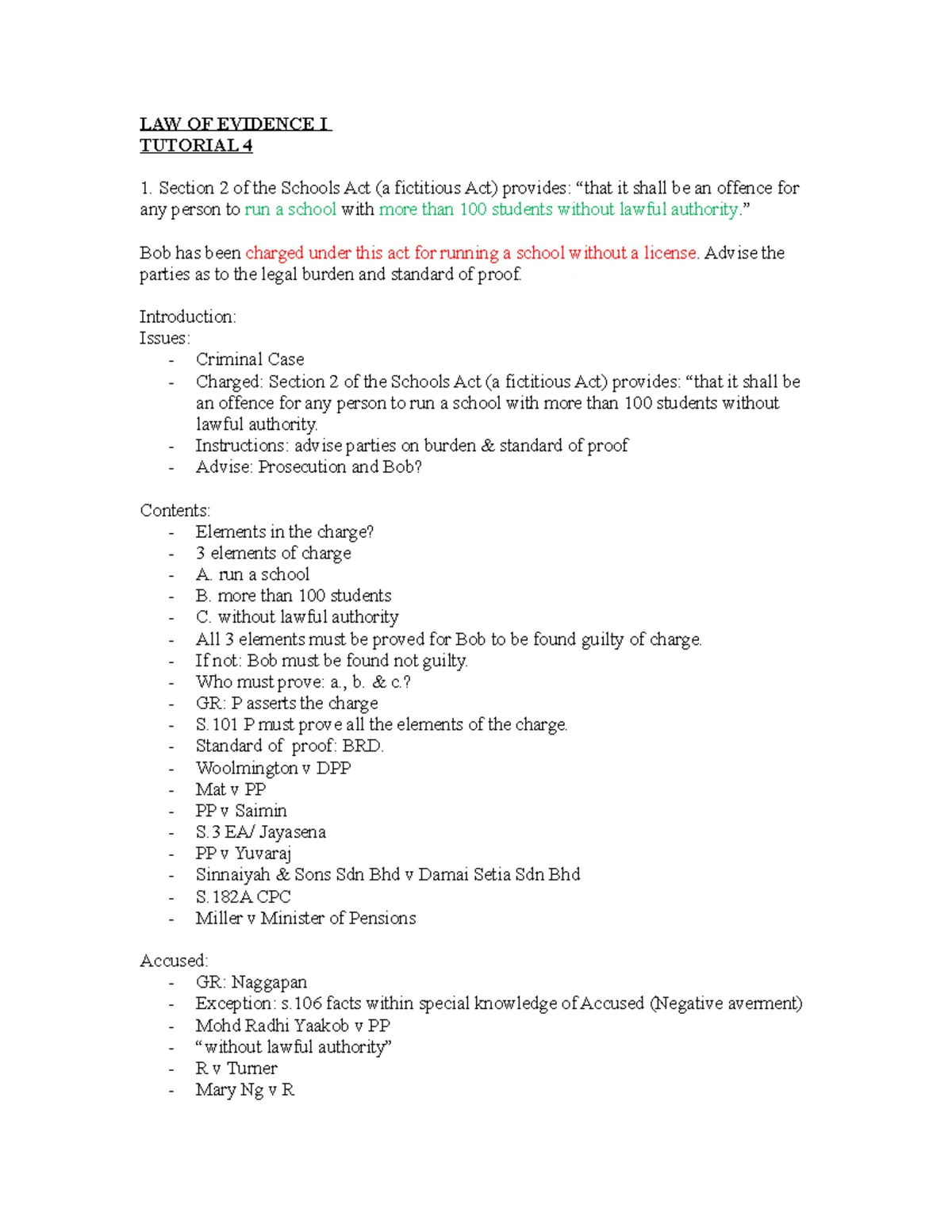 LAW OF EVIDENCE I: Tutorial 2 Questions Analysis and Evaluation - Studocu