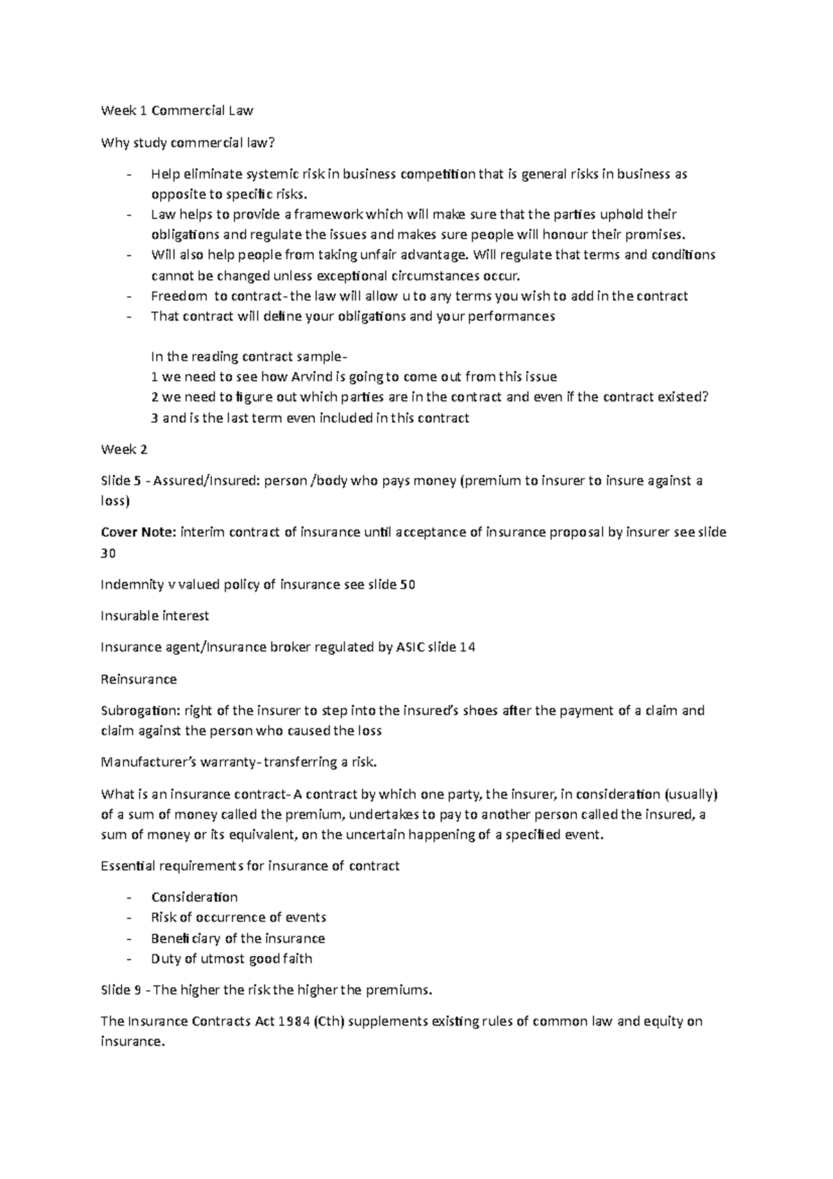 Commercial Law Notes - Week 1 Commercial Law Why study commercial law ...