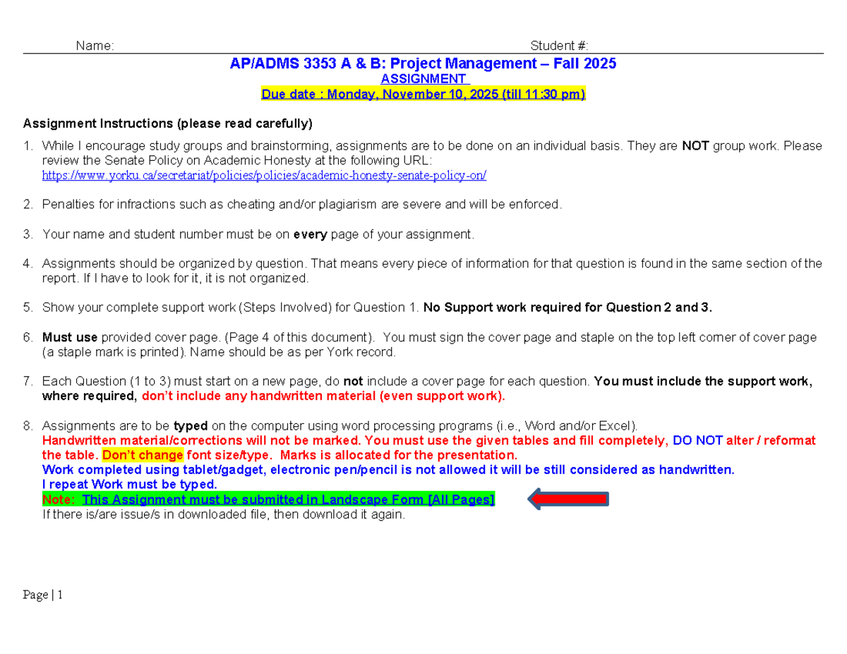 ADMS 3353 A B Project Management Fall 2025 Assignment Guidelines - Studocu