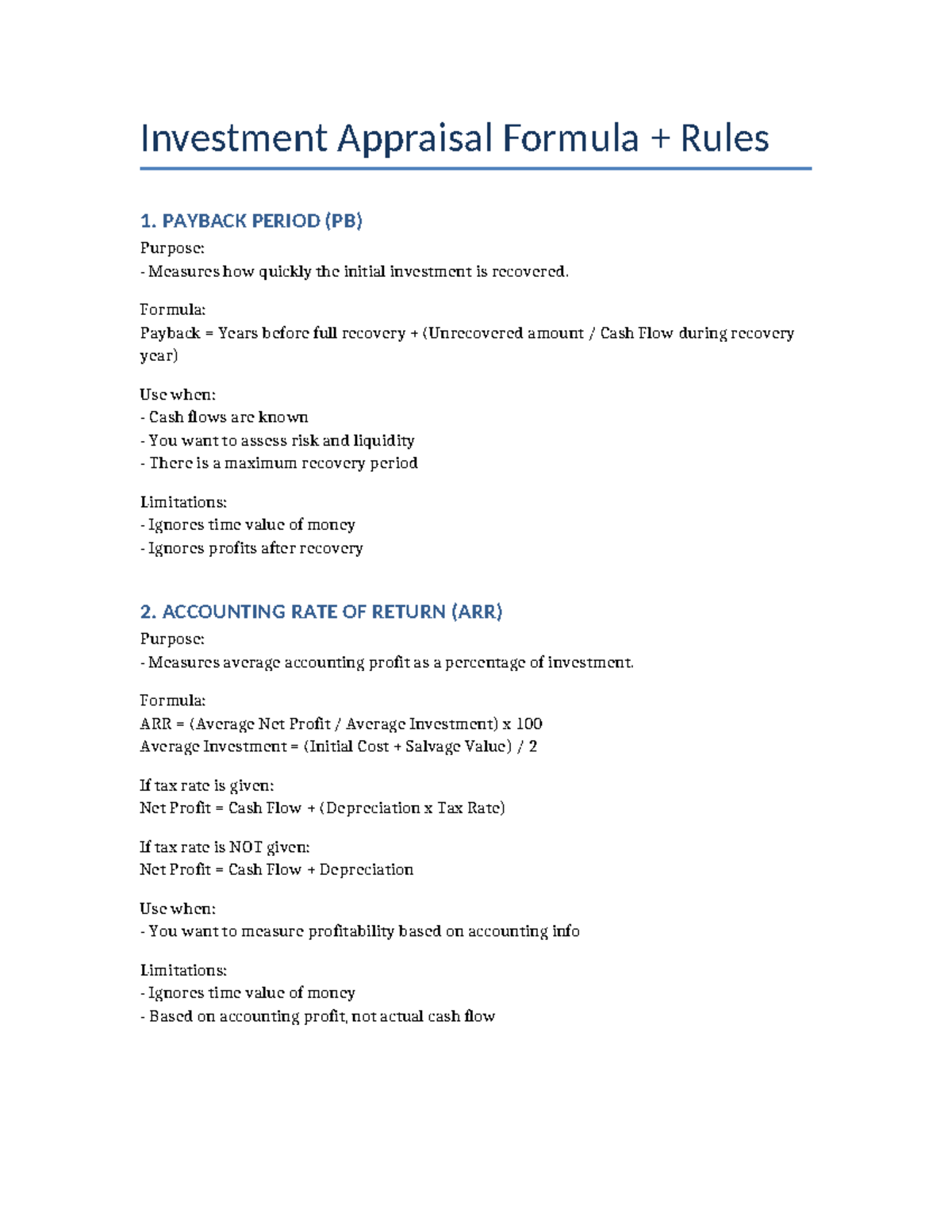 Investment Appraisal Formulas & Rules for Financial Analysis - Studocu