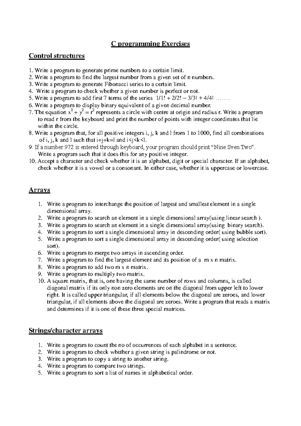 C Programming Exercises - Control Structures, Arrays & Strings 2024 ...