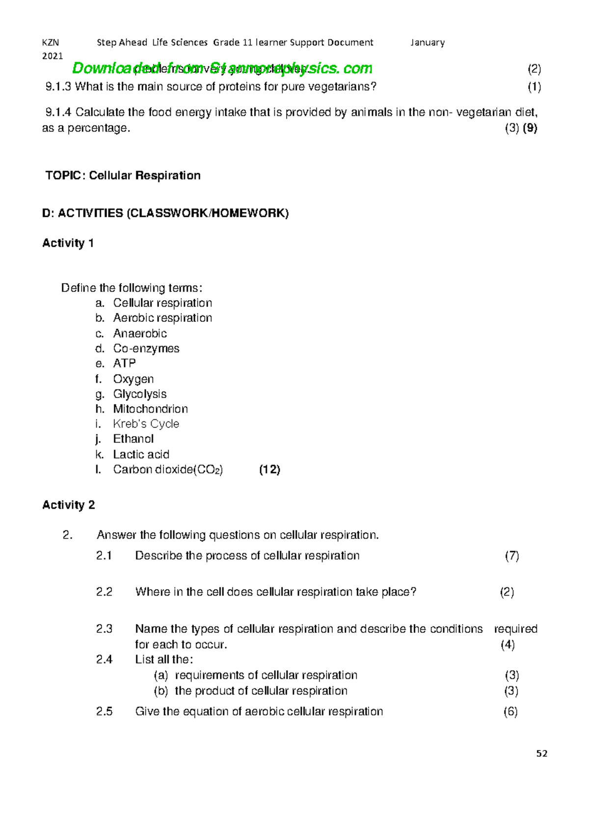 KZN 2021 Life Sciences Grade 11: Cellular Respiration Activities Guide ...