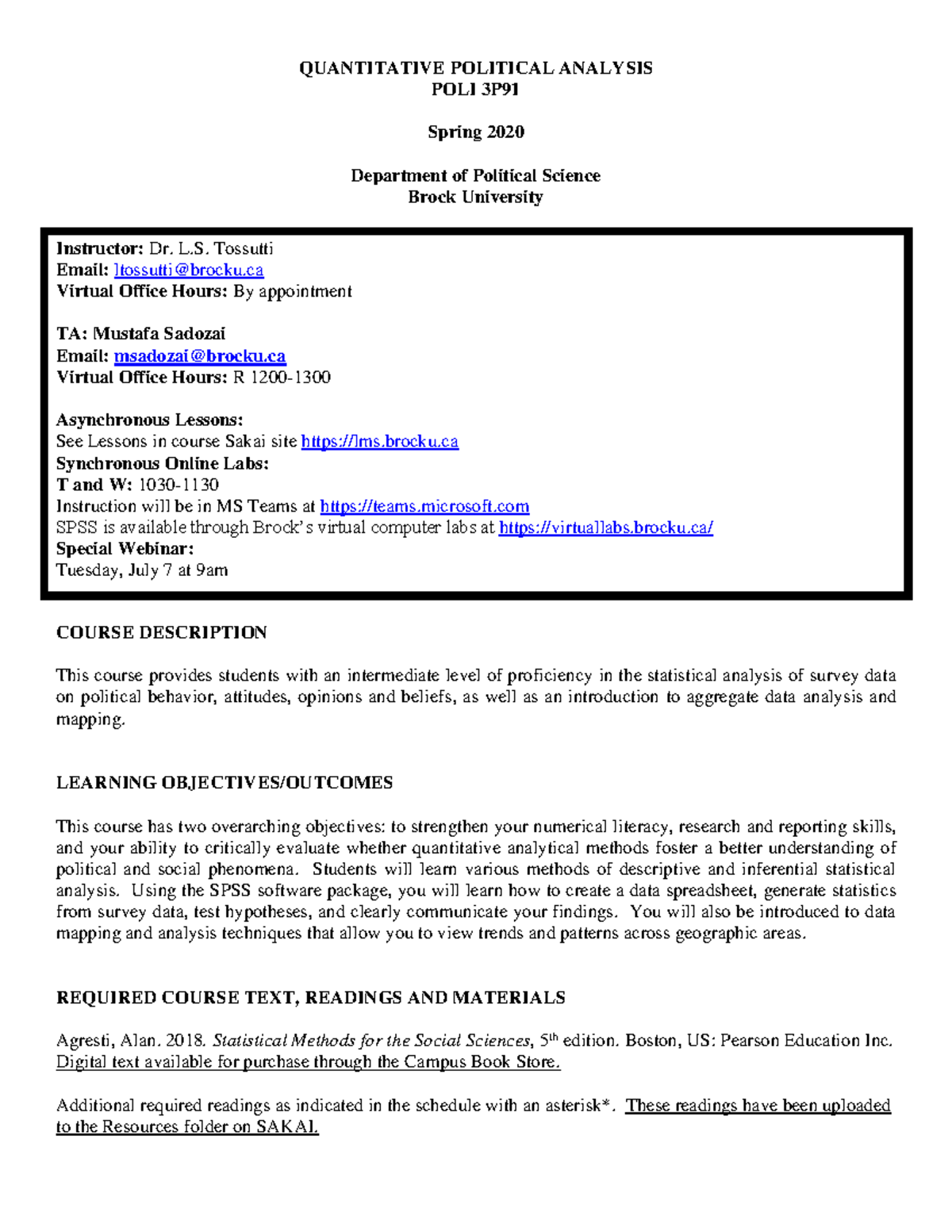 POLI 3P91-2020 Syllabus for Quantitative Political Analysis - Studocu