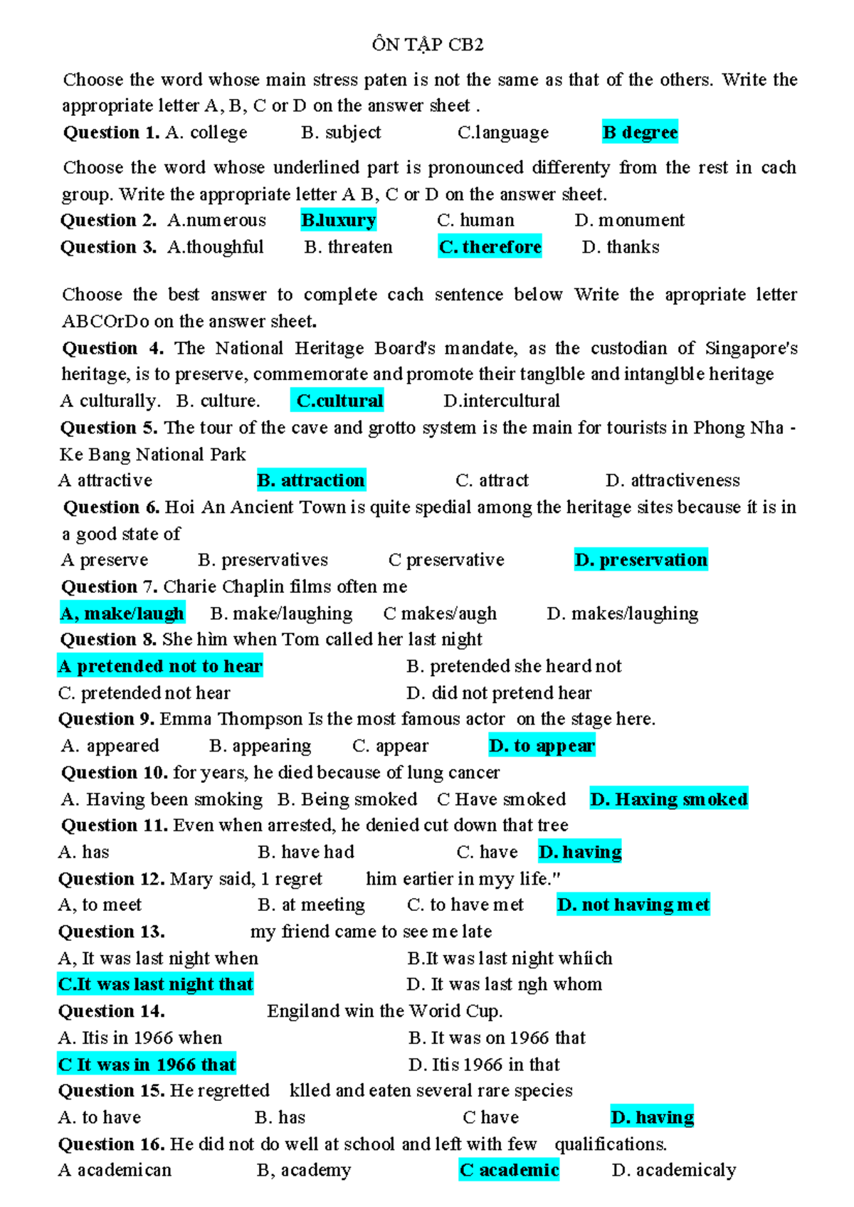 Ôn tập CB2: Practice questions and answers for English language skills ...