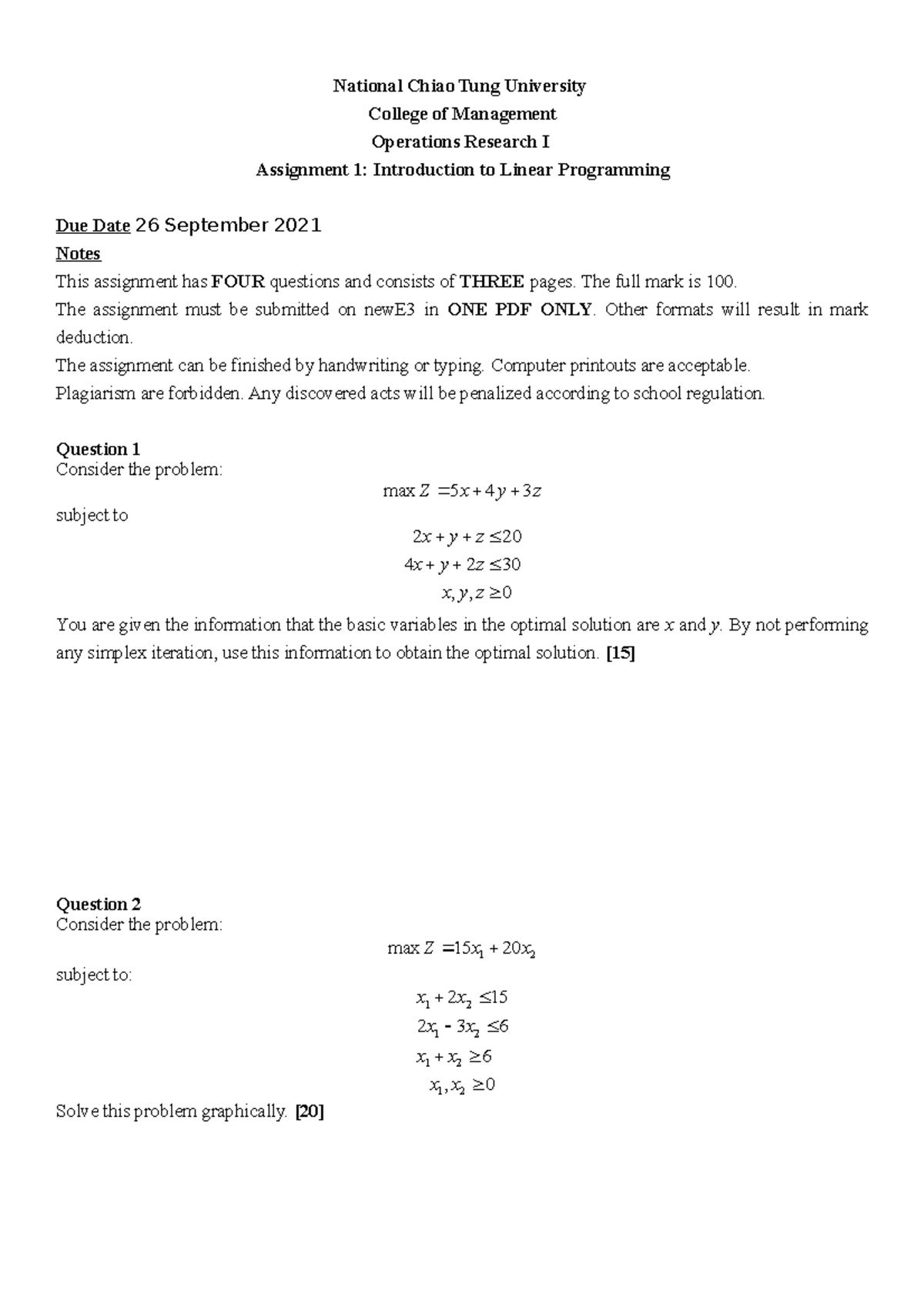 OR(I) Assignment 1: Intro to Linear Programming Concepts - Studocu