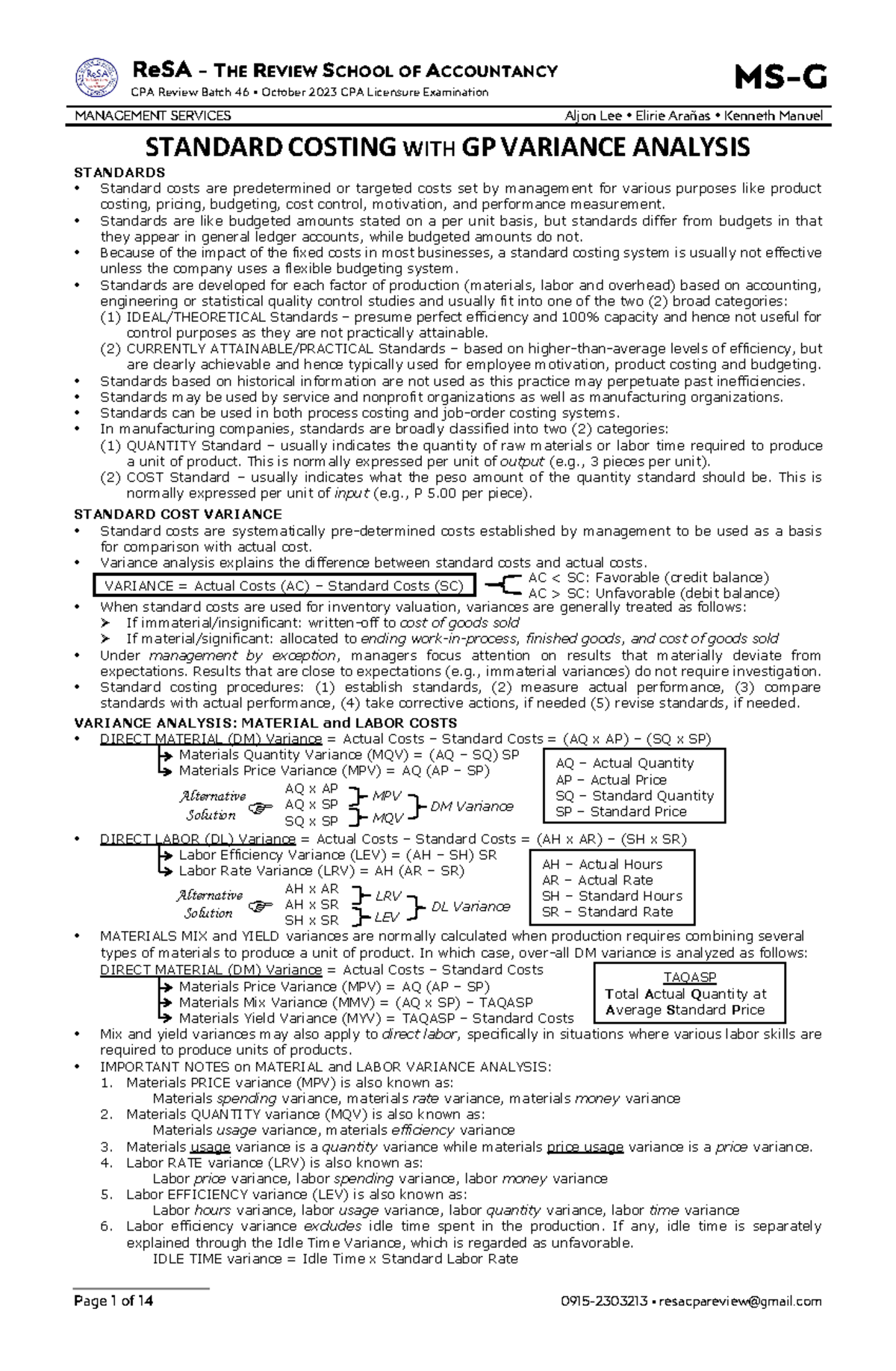 MS-G: Standard Costing & GP Variance Analysis Overview - Studocu