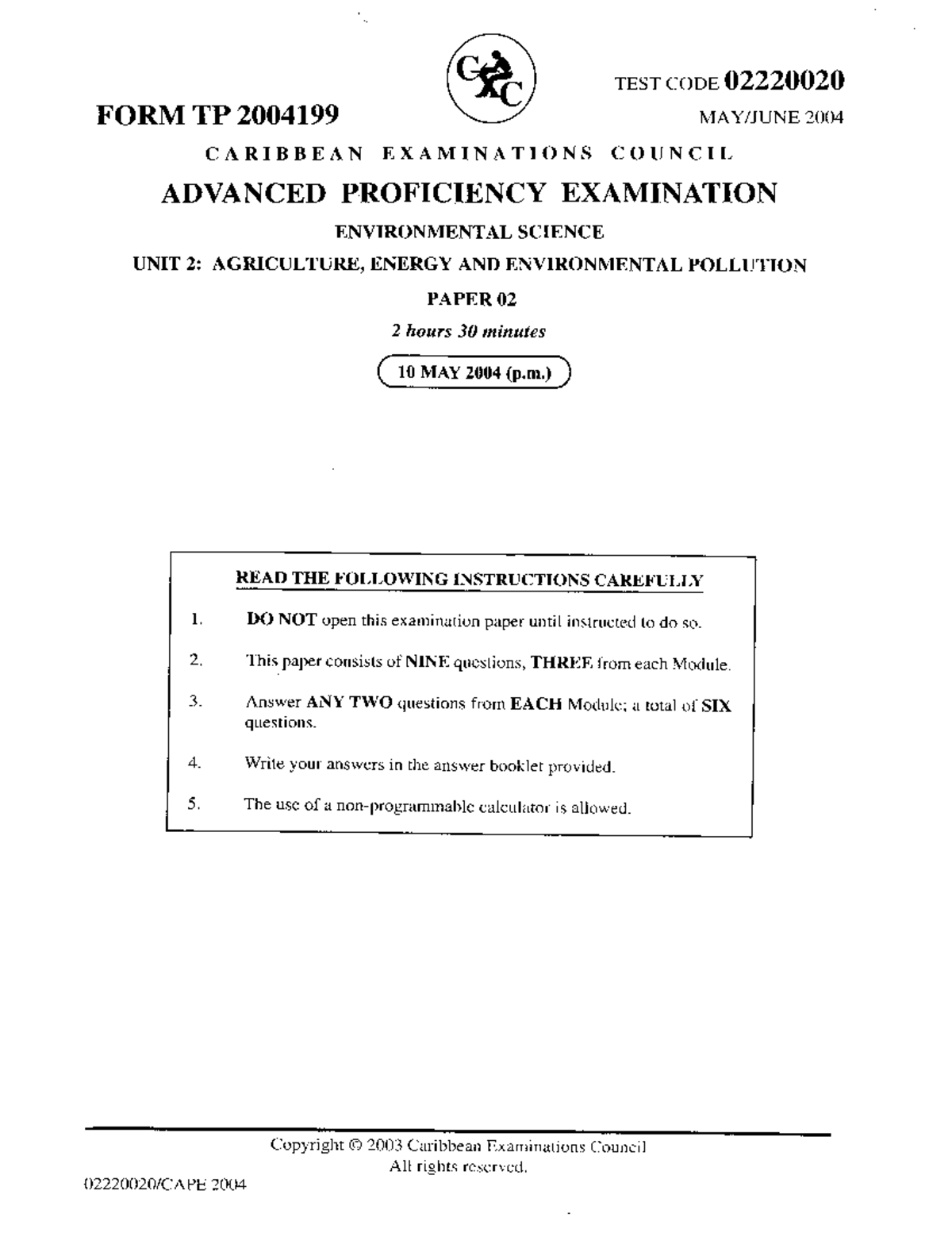 CAPE Environmental Science Unit 2 Paper 02 Exam 2004 - Studocu