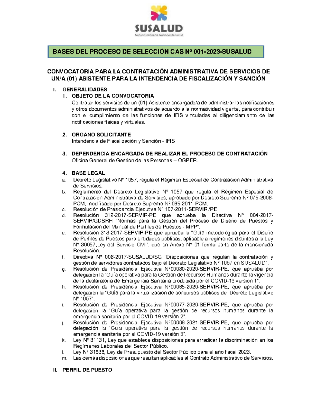 Bases del Proceso de Selección CAS N°001-2023 para Asistente IFIS - Studocu
