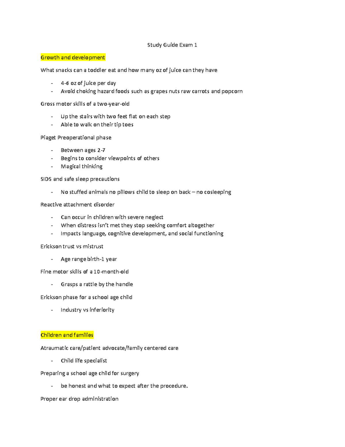 Peds Study Guide Exam 1 - Study Guide Exam 1 Growth and development ...