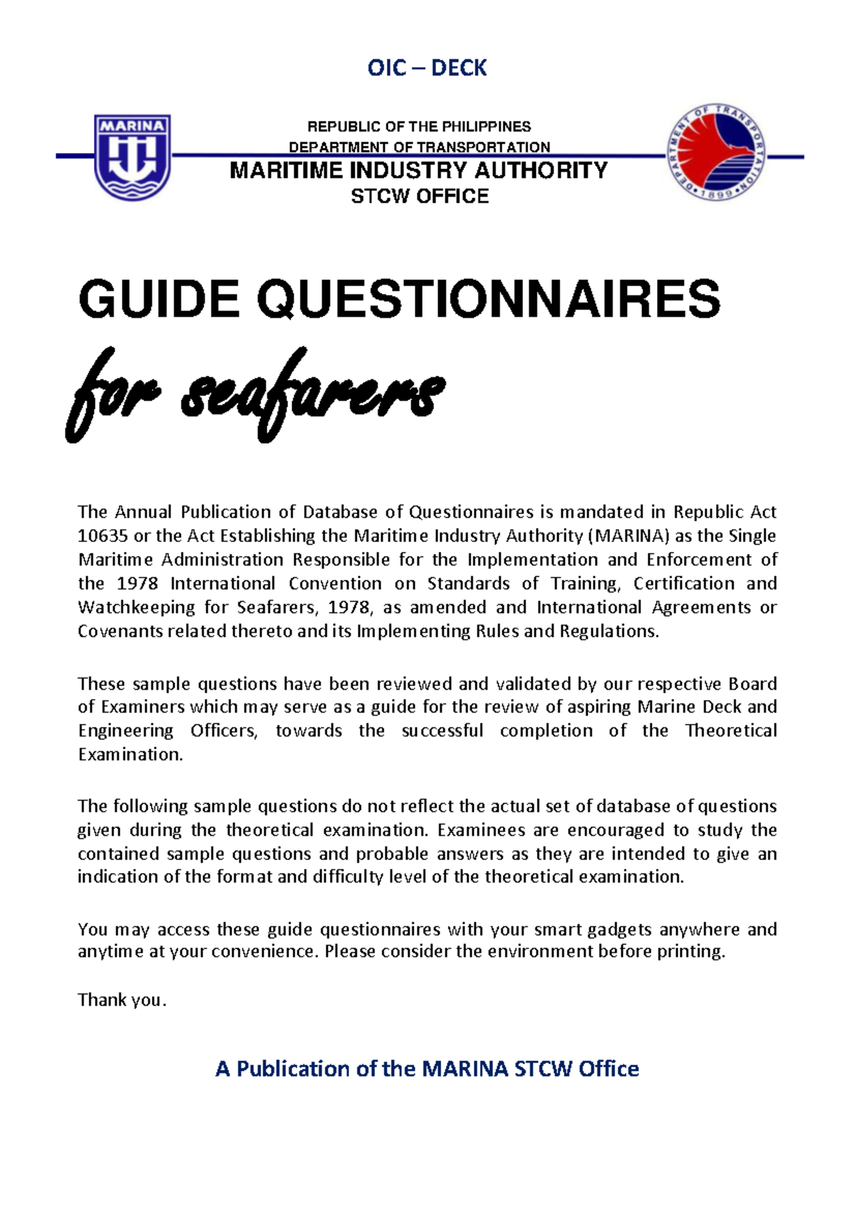 OIC DECK STCW Office Guide: Sample Questionnaires for Seafarers - Studocu