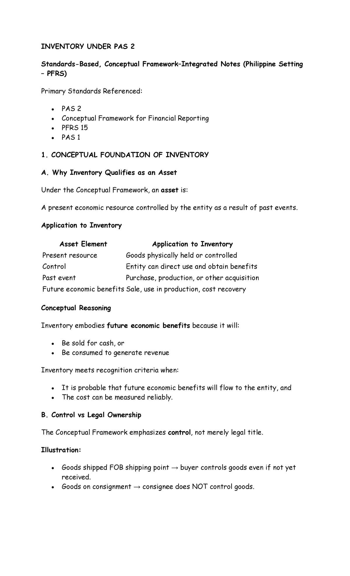 PAS 2 Inventory Conceptual Notes: Understanding Assets and Measurement ...