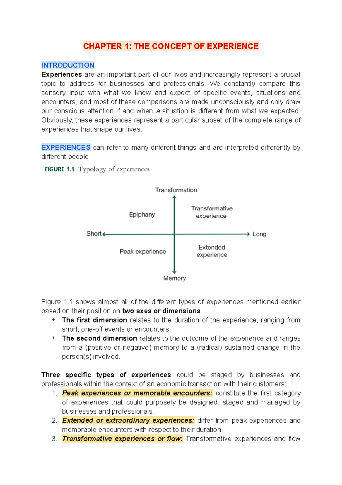 Summary Chap 1 Group 2 - CHAPTER 1: THE CONCEPT OF EXPERIENCE ...