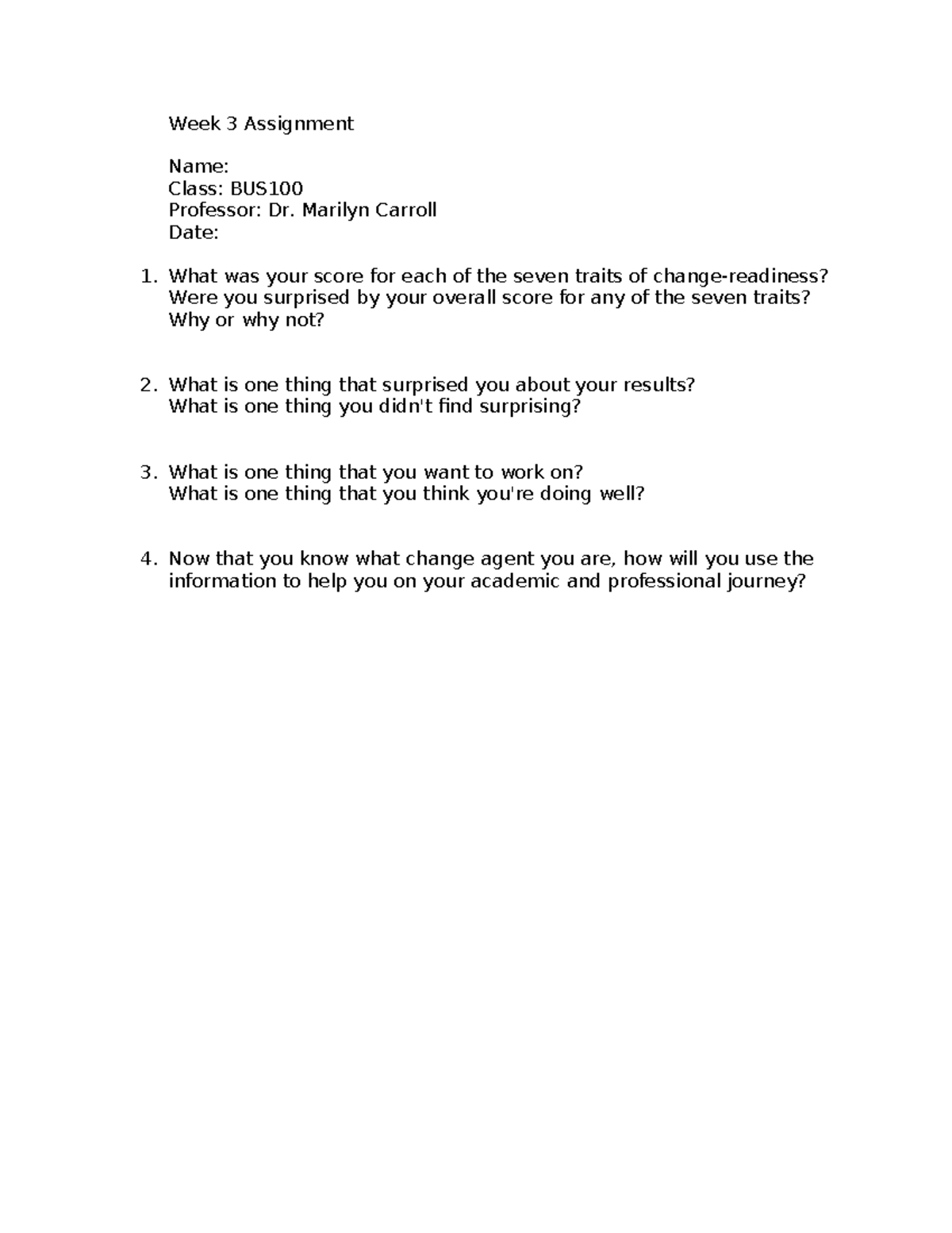 BUS100 Week 3 Assignment: Reflection on Personal Traits and Growth ...