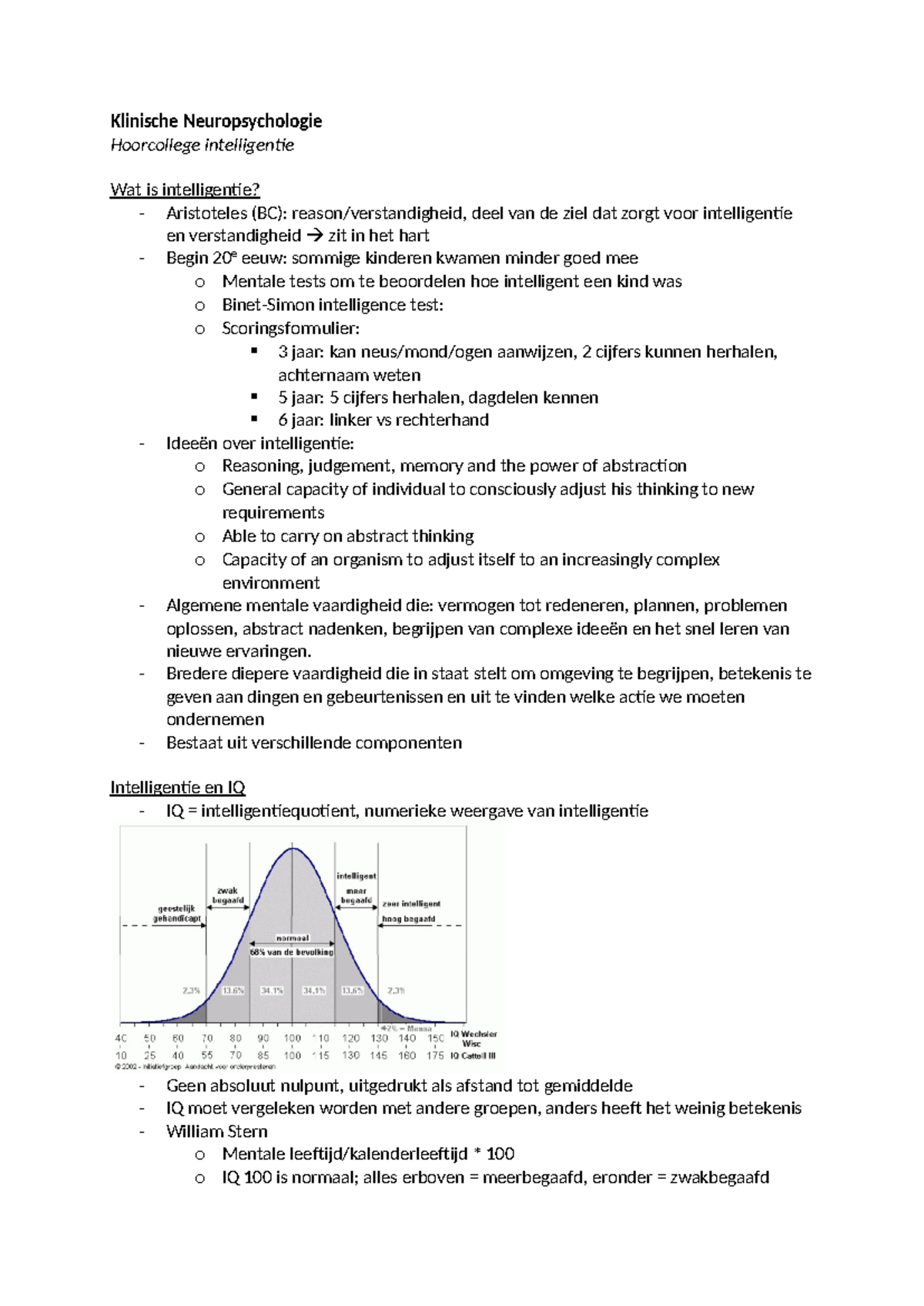 Hoorcollege over Intelligentie in Klinische Neuropsychologie - Studeersnel