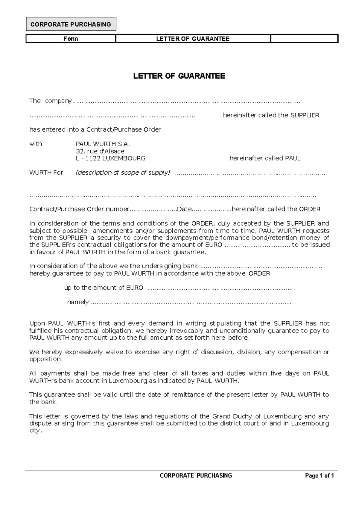CORPORATE PURCHASING: Example Letter of Guarantee for PAUL WURTH - Studocu