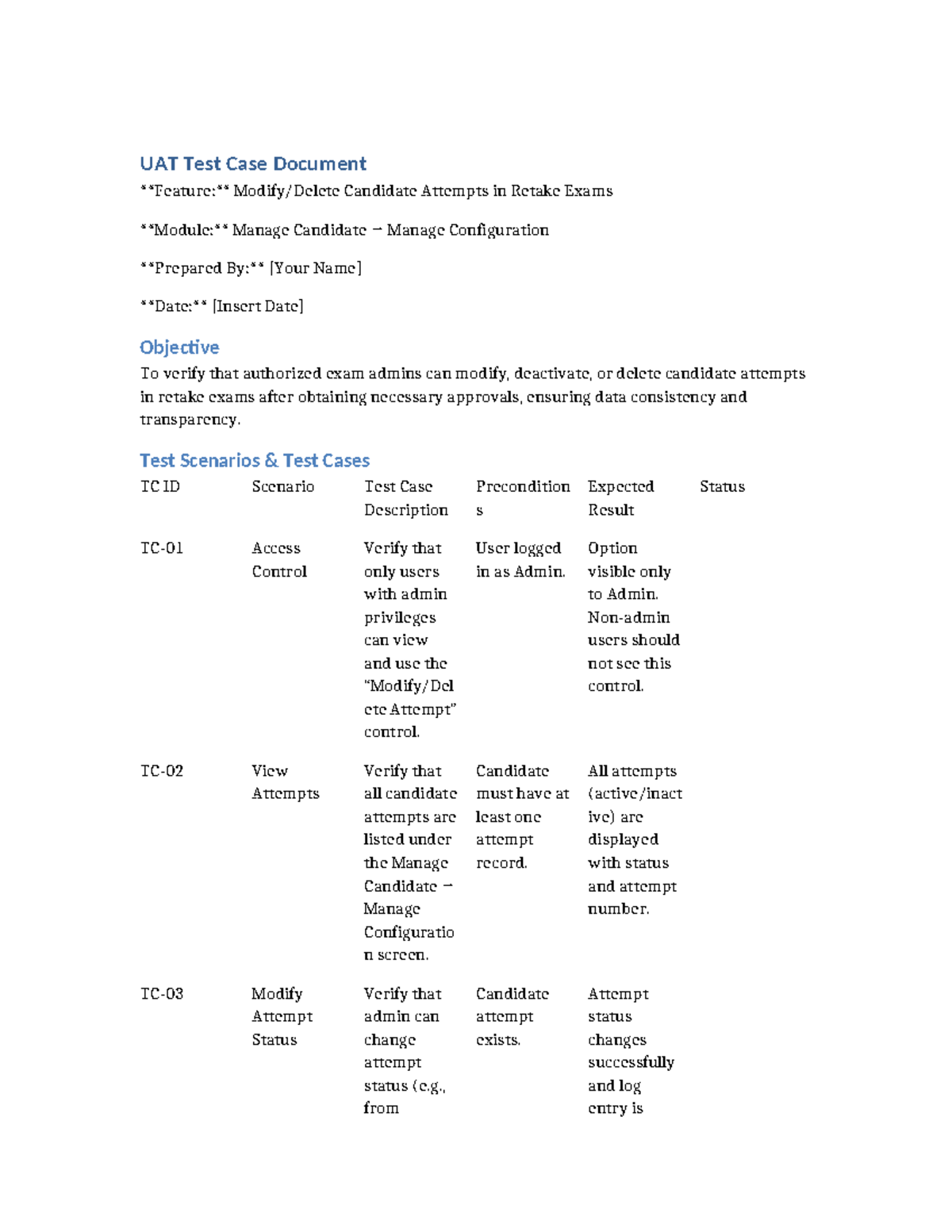 UAT Test Cases for Managing Candidate Attempts in Retake Exams - Studocu