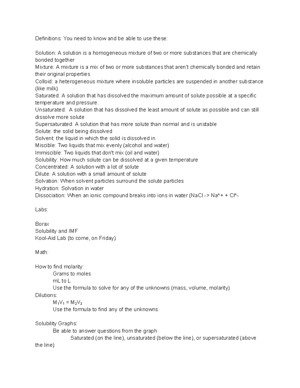 Chem 101: Key Definitions for Solutions and Mixtures Study Guide - Studocu