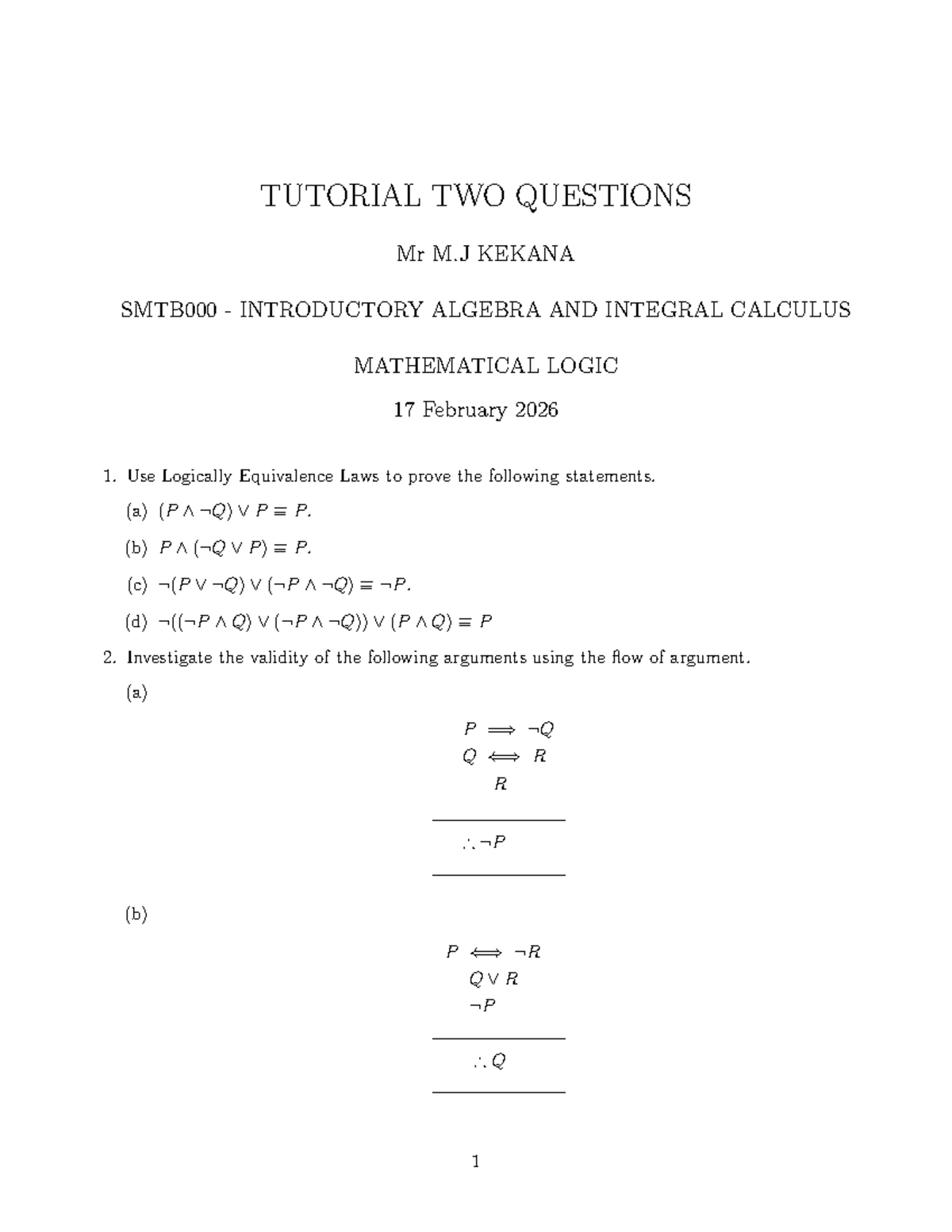 Tutorial 2: Introductory Algebra & Integral Calculus Logic Questions ...