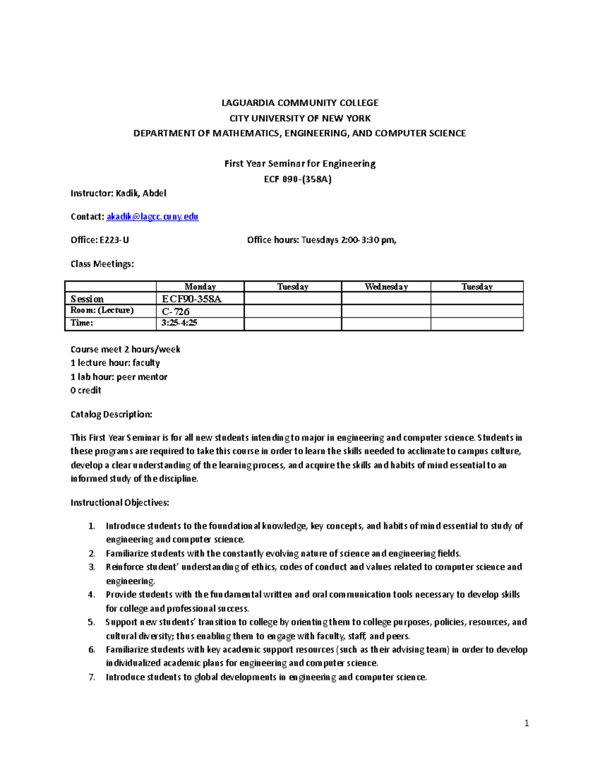 ECF 090-358A First Year Seminar Syllabus for Engineering & CS - Studocu