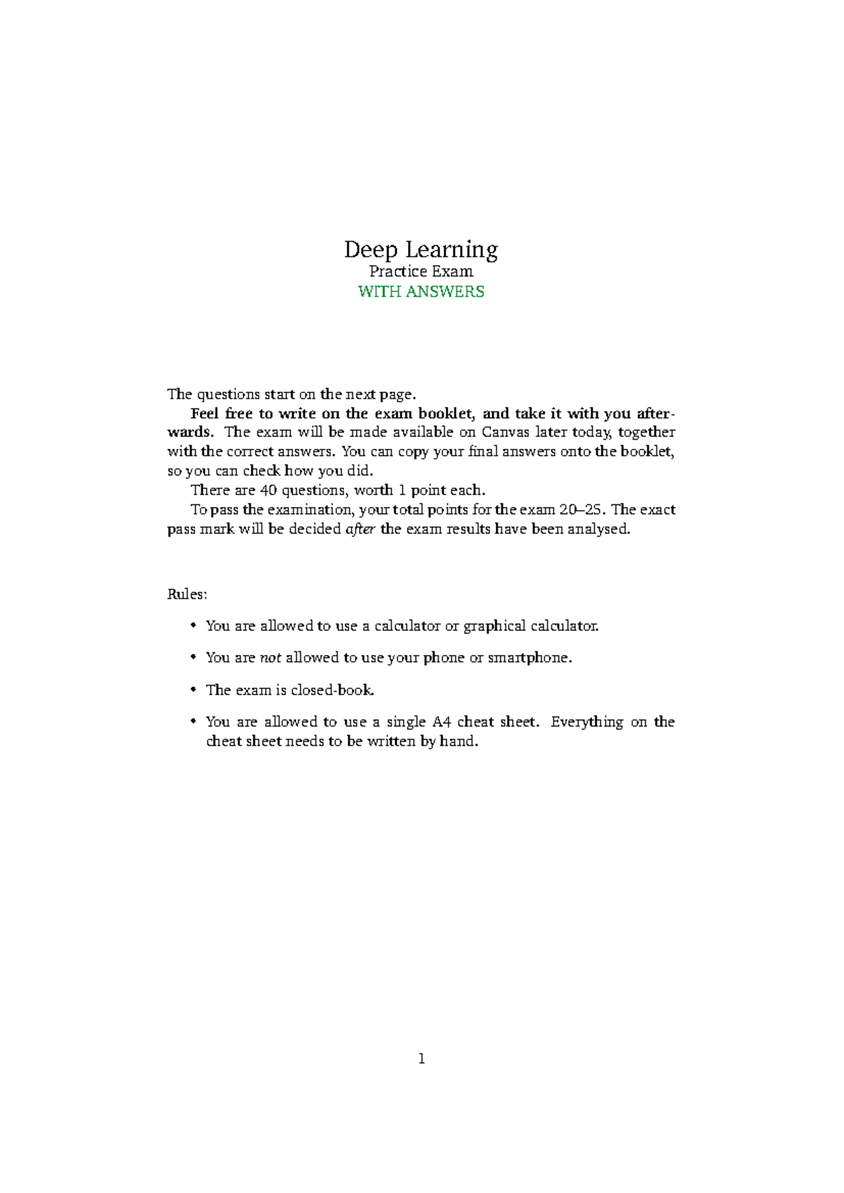 Deep Learning Practice Exam (Course Code) - With Answers - Studeersnel