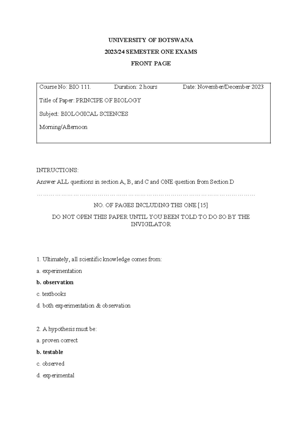 BIO 111 FINAL EXAM - Principles of Biology 2023/24 - Studocu