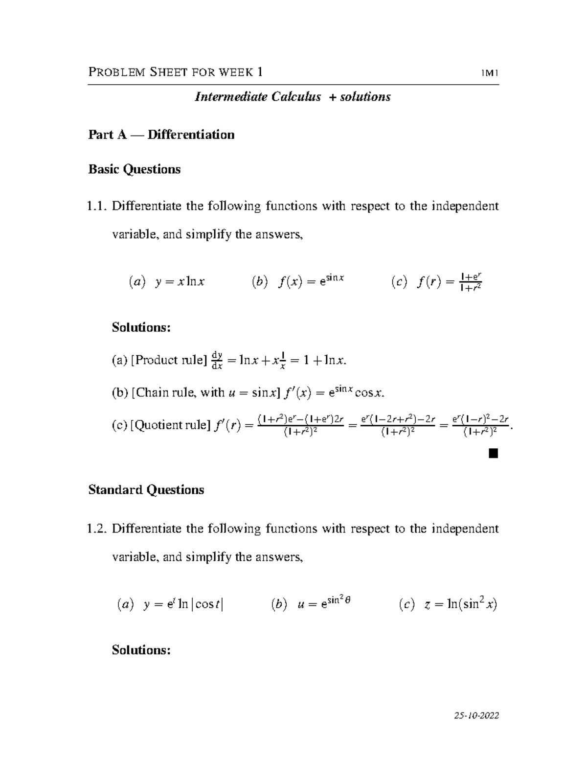 1M1 Intermediate Calculus Week 1 Problem Sheet: Differentiation ...