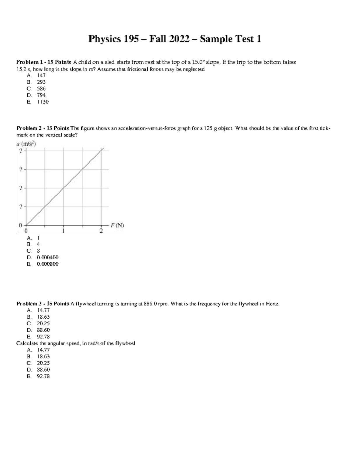 Physics 195 Fall 2022 Sample Test 1 Questions Only - Studocu