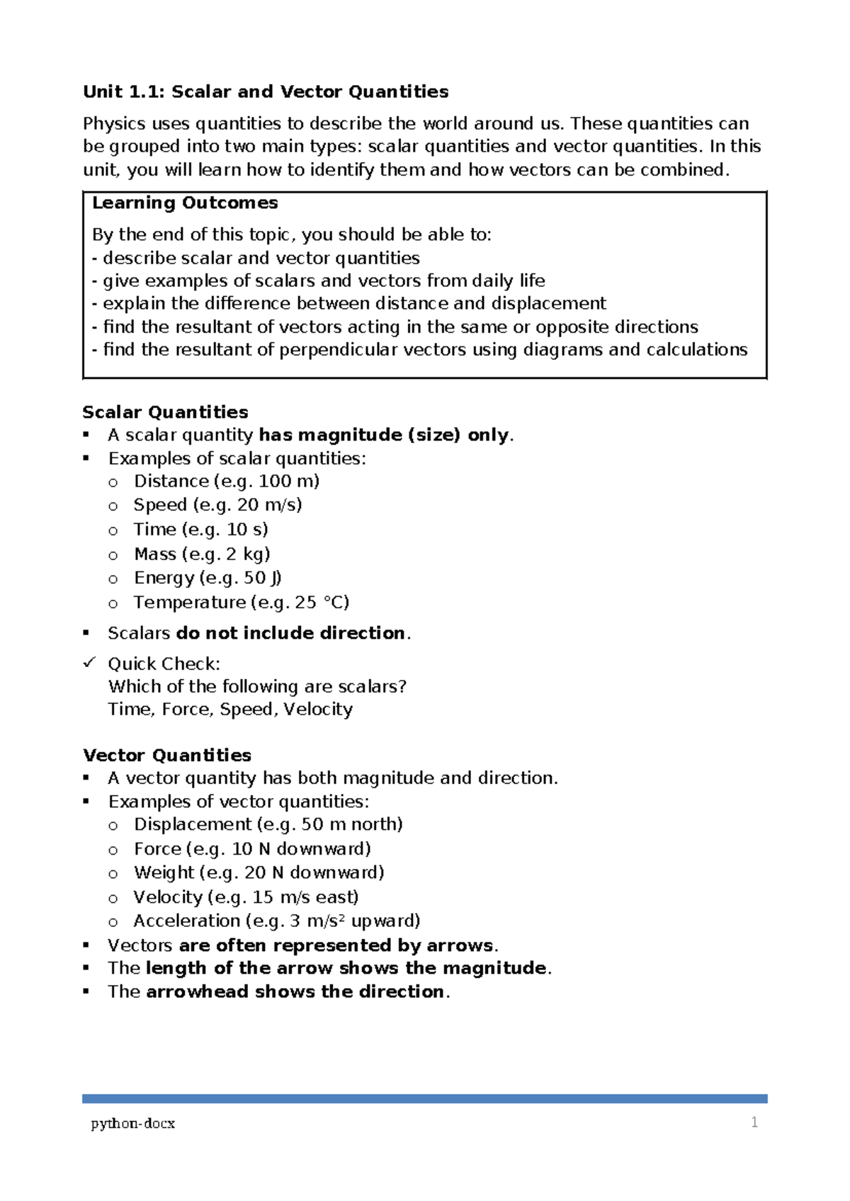 Unit 1 - Physics Notes: Scalar & Vector Quantities Explained - Studocu