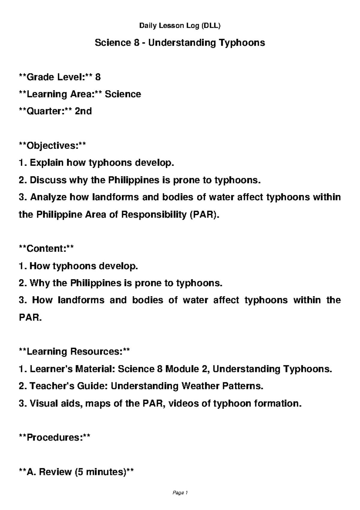 Science 8 DLL: Understanding Typhoons in the Philippine Context - Studocu
