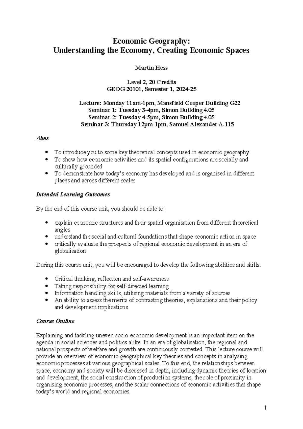 GEOG 2010 Economic Geography Syllabus for 2024-25 - Studocu