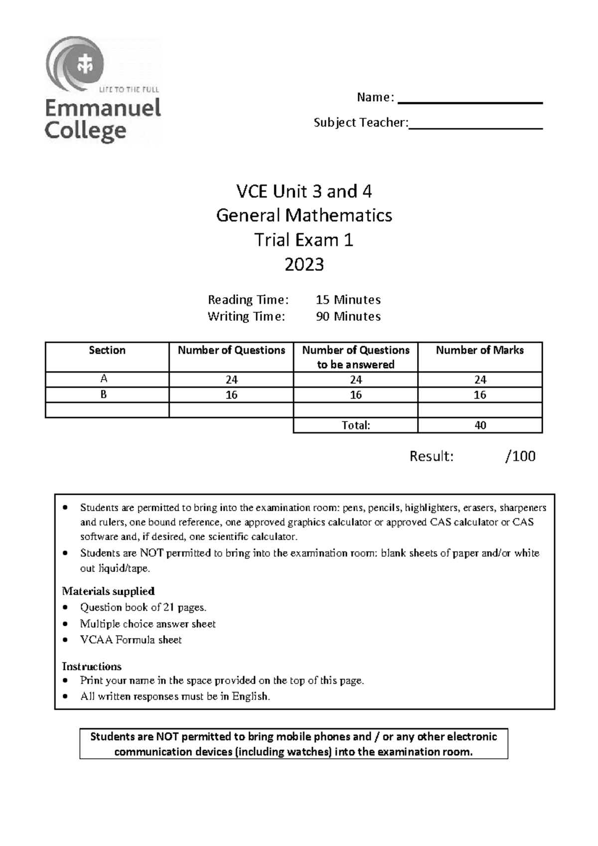 General Maths VCE Units 3&4 Trial Exam 1 - 2023 - Studocu