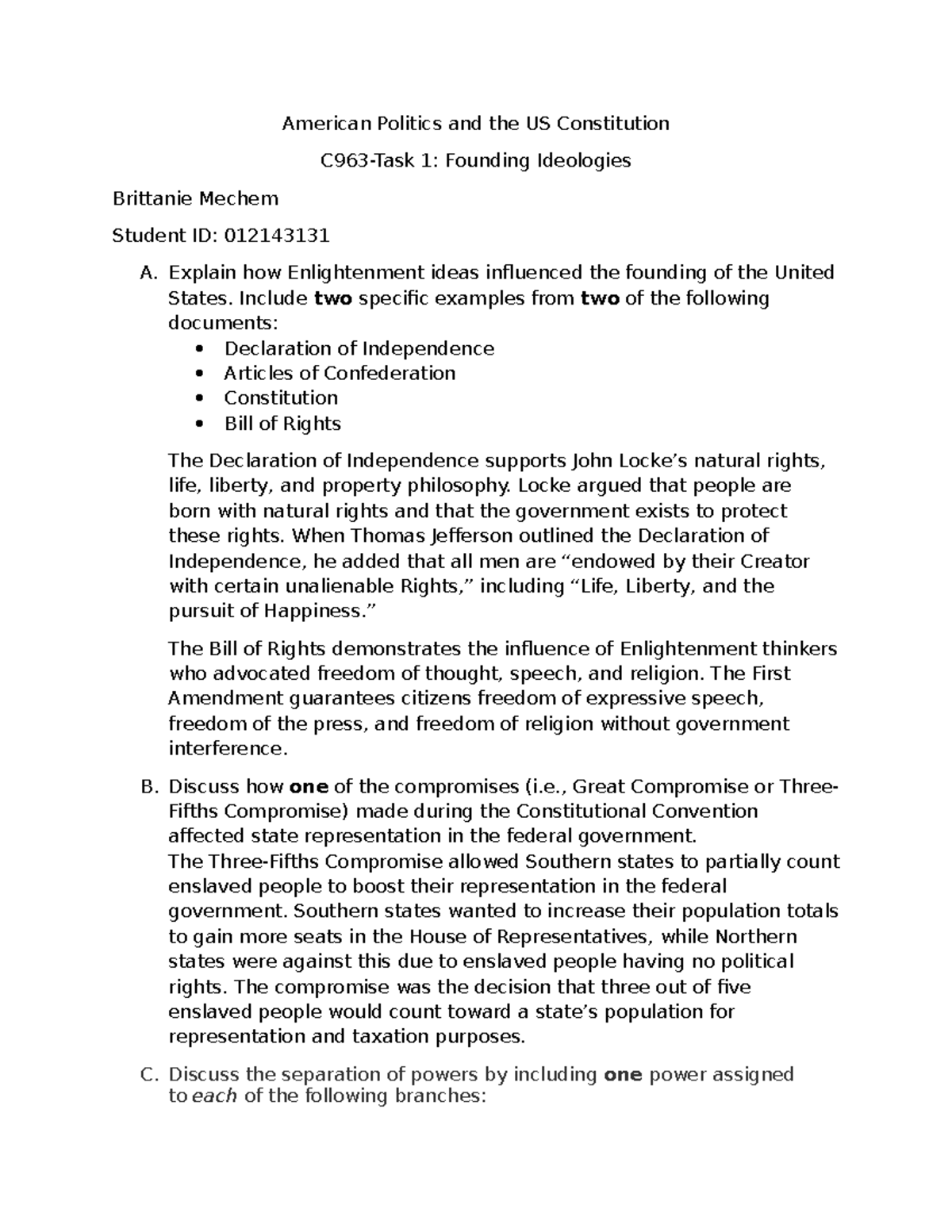 C963 Task 1 - American Politics: Founding Ideologies and